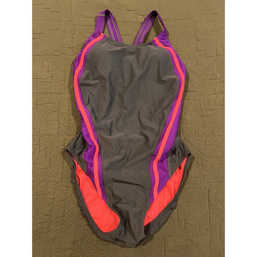 Speedo Women's One Peice Baithing Suit  Size 12 NWT Msrp $78.00 Gray Purple Pink